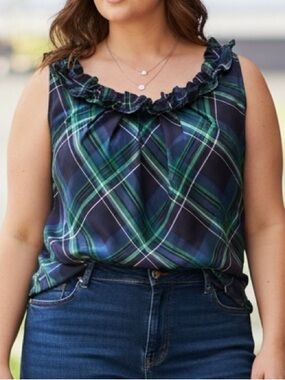 Talbots 100% Silk Navy Green Lavender Plaid Ruffle Neckline Sleeveless Top